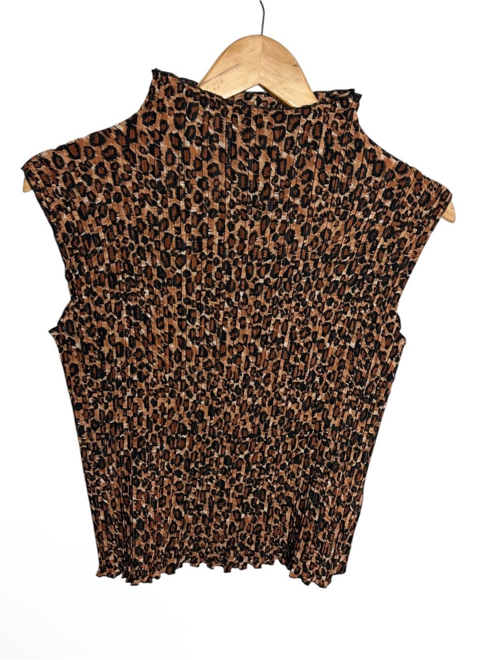 Vintage 90s pleated mock neck cheetah print sleeveless blouse size L